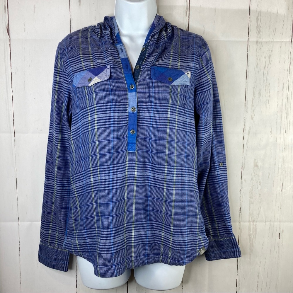 Prana Women’s Anja Hooded Pullover Shirt Top Plaid Blue Organic Cotton Size XS